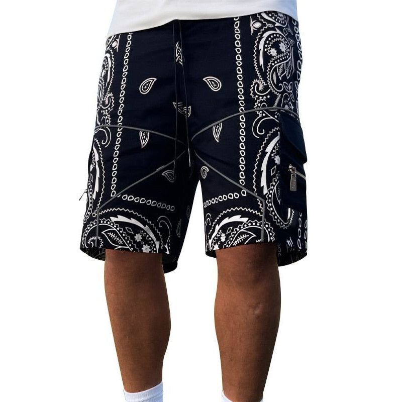 sanyamk Hip Hop Mens Cargo Shorts Fashion Graphic Print Zip-up Patch Pockets Straight Short Pant Streetwear Men Clothing Vintage Shorts
