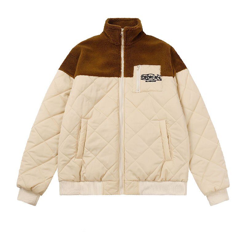 Bonsir Winter Vintage Embroidery Lamb Fleece Cotton Jacket Men's Loose Splice Color Rhombic Thick Warm Cotton Coat for Men