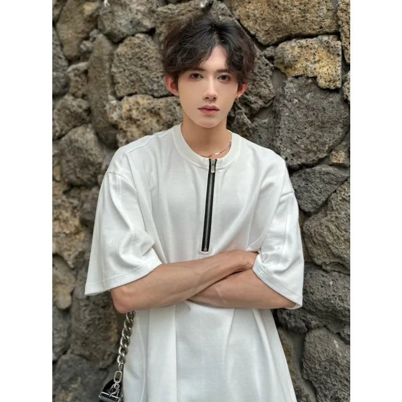 sanyamk - Summer Men's Oversized T-shirt Short Sleeve Tee Half Zipper Placket Solid Cotton Casual t-shirts for men Clean Fit Boy Clothing