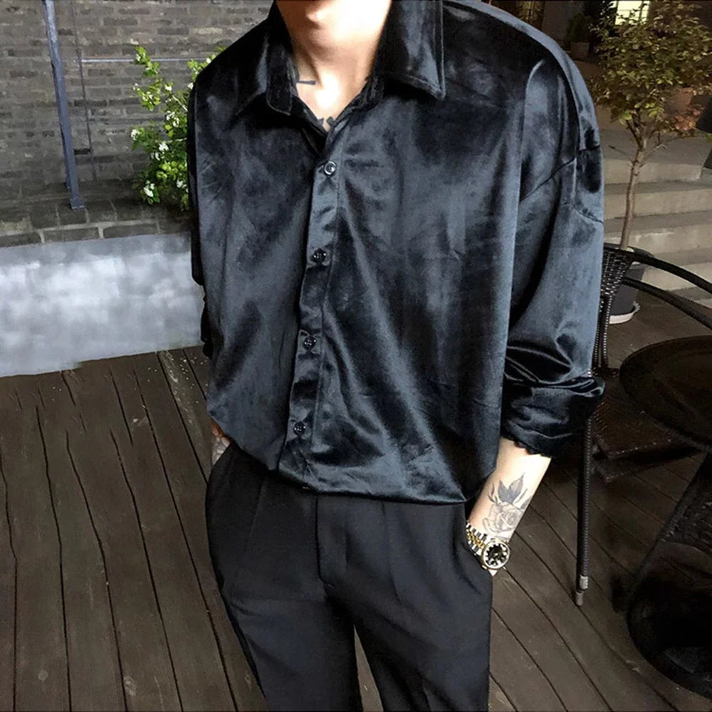 sanyamk Hong Kong Style New Trendy Shiny Long-Sleeve Gold Velvet Shirts Unisex Fashion Temperament Casual Shirts Jackets For Couples