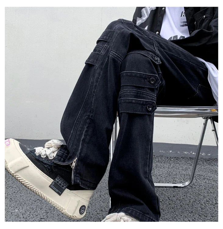 Bonsir American Style High Street Niche Style Zipper Jeans Men Trendy Brand Fried Street Loose Straight Tube Work Pants Design Sense