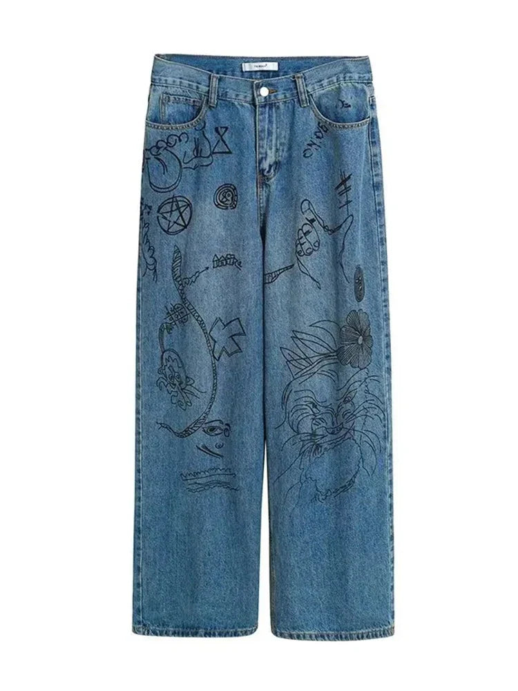 sanyamk Hip Hop Baggy Jeans Men Oversize Denim Pants Blue Jeans Printed Wide Leg Trousers Male Jeans Hippie Streetwear Casual