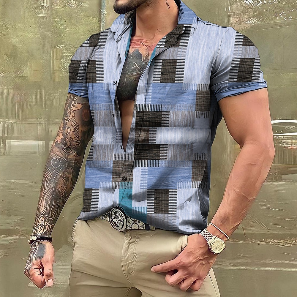 Bonsir Vintage For Men Shirts Patchwork 3d Print Camisas Lapel Oversized Short Sleeve Tops Streetwear Summer Male Hawaiian Shirt Tees