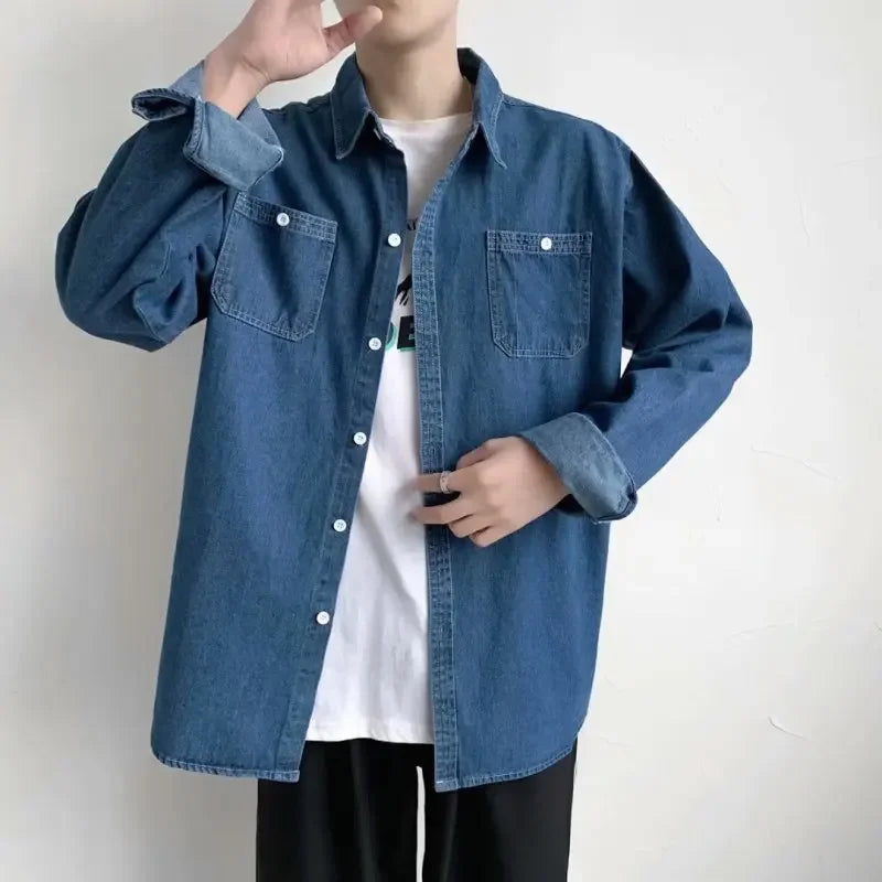 sanyamk Men's Long Sleeved Jeans Shirts Denim Shirt Fashion Classic Dress Shirts Streetwear Clothing