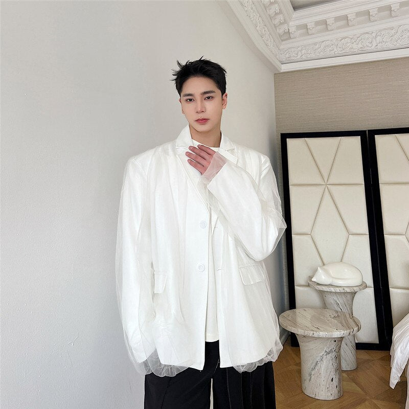 sanyamk IEFB New Trend Mesh Patchwork Suit Jacket Male Balzers Lapel Solid Color Niche Design Men's Clothing Single Breasted Top 9A7670