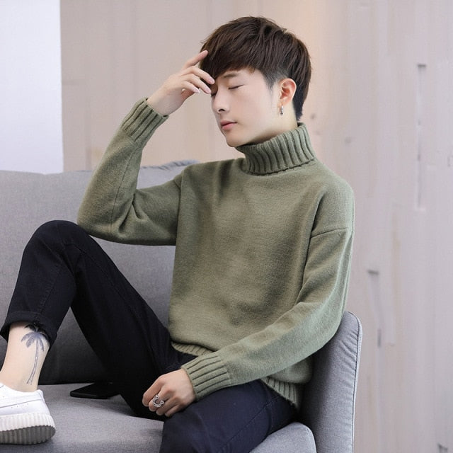 sanyamk Winter Men's New Turtleneck Sweater Korean Knit Shirt Men's Youth Turtleneck Sweater Shirt Solid Color