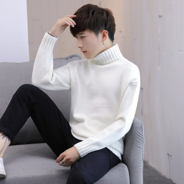 sanyamk Winter Men's New Turtleneck Sweater Korean Knit Shirt Men's Youth Turtleneck Sweater Shirt Solid Color