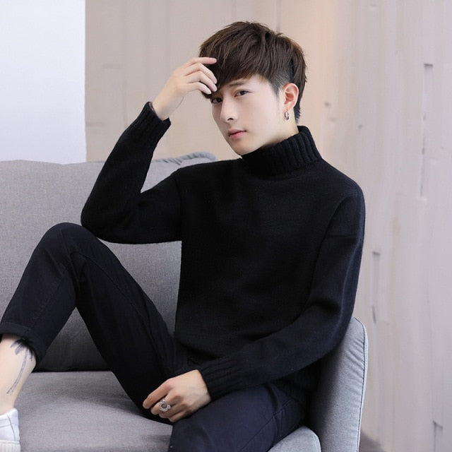 sanyamk Winter Men's New Turtleneck Sweater Korean Knit Shirt Men's Youth Turtleneck Sweater Shirt Solid Color