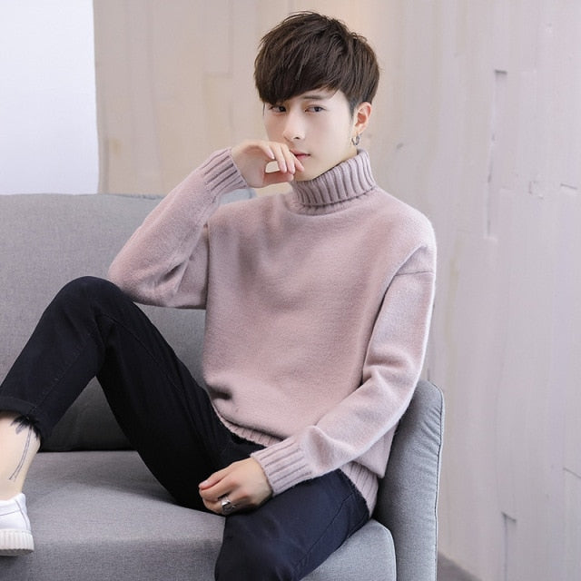 sanyamk Winter Men's New Turtleneck Sweater Korean Knit Shirt Men's Youth Turtleneck Sweater Shirt Solid Color