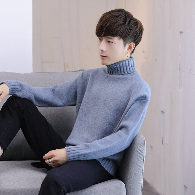 sanyamk Winter Men's New Turtleneck Sweater Korean Knit Shirt Men's Youth Turtleneck Sweater Shirt Solid Color