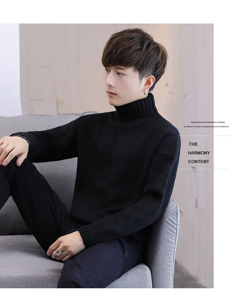 sanyamk Winter Men's New Turtleneck Sweater Korean Knit Shirt Men's Youth Turtleneck Sweater Shirt Solid Color
