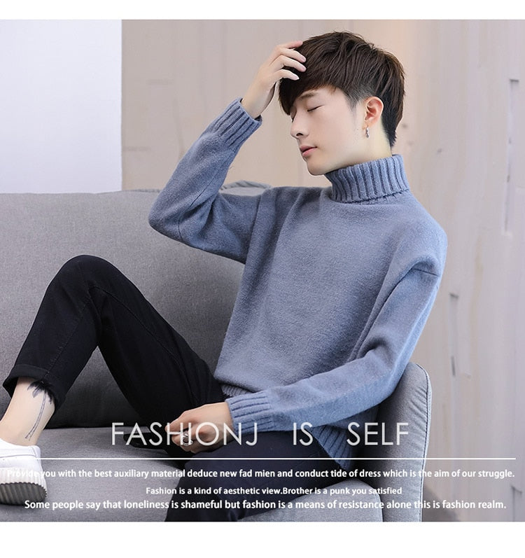 sanyamk Winter Men's New Turtleneck Sweater Korean Knit Shirt Men's Youth Turtleneck Sweater Shirt Solid Color