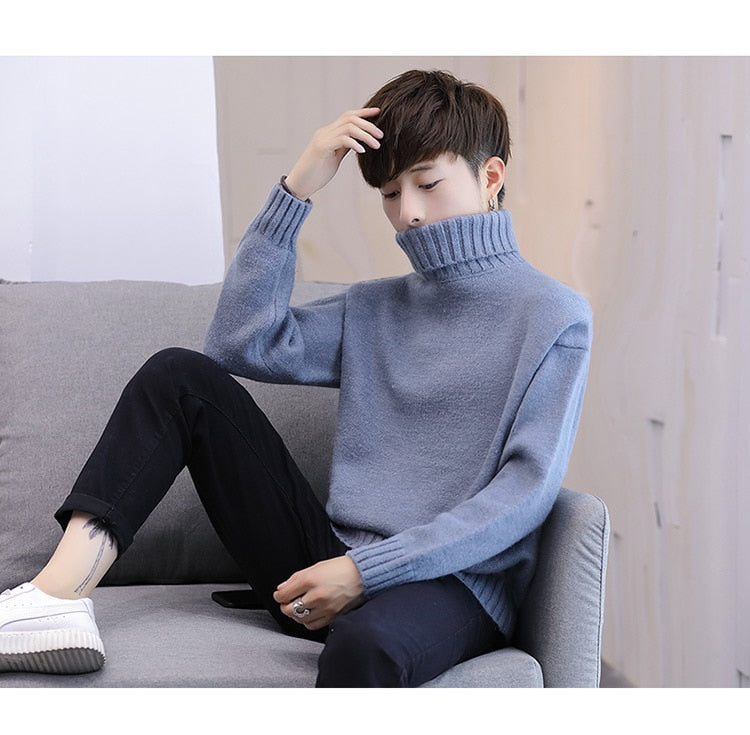 sanyamk Winter Men's New Turtleneck Sweater Korean Knit Shirt Men's Youth Turtleneck Sweater Shirt Solid Color