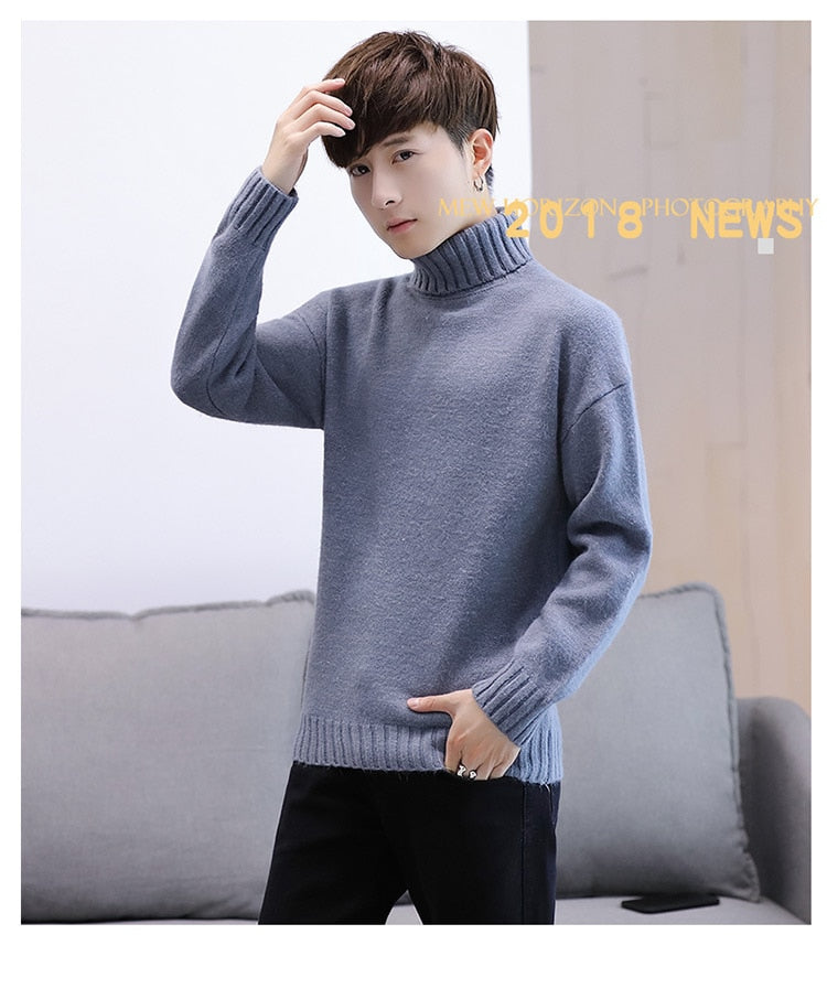 sanyamk Winter Men's New Turtleneck Sweater Korean Knit Shirt Men's Youth Turtleneck Sweater Shirt Solid Color