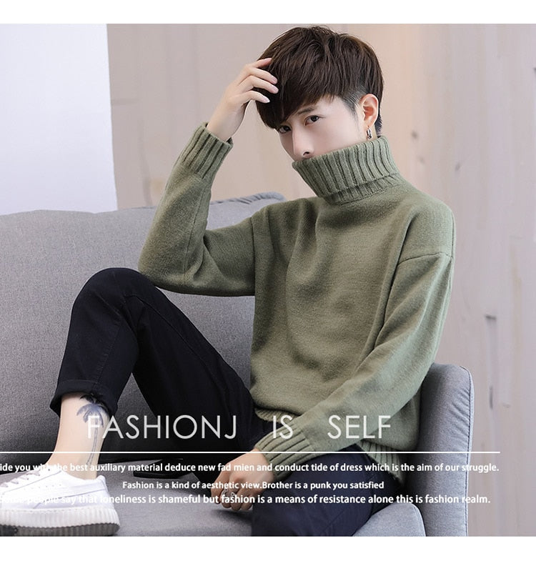 sanyamk Winter Men's New Turtleneck Sweater Korean Knit Shirt Men's Youth Turtleneck Sweater Shirt Solid Color