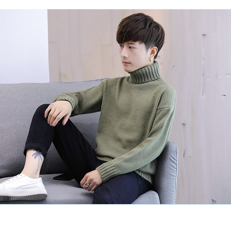 sanyamk Winter Men's New Turtleneck Sweater Korean Knit Shirt Men's Youth Turtleneck Sweater Shirt Solid Color