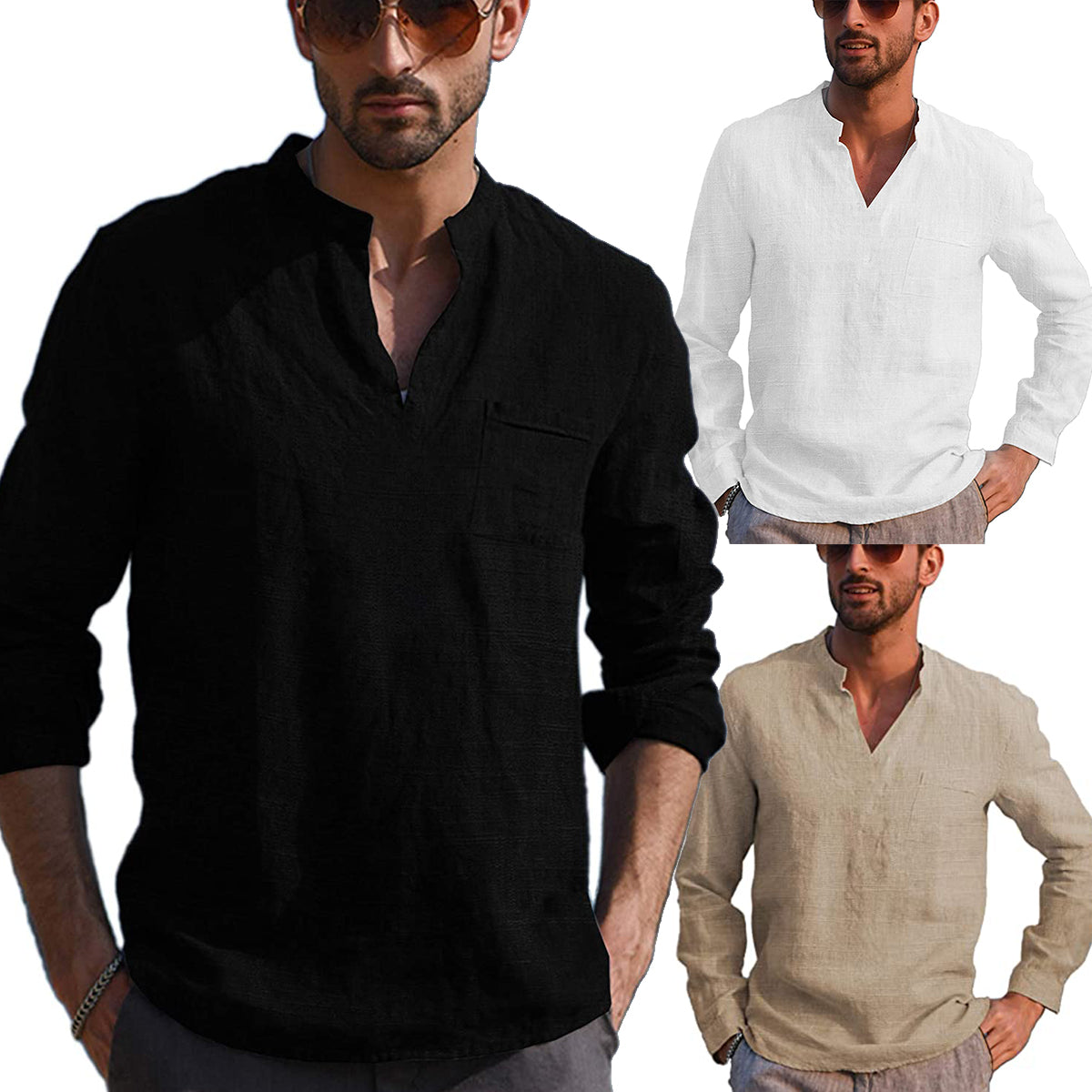 sanyamk trendy mens fashion mens summer outfits dope outfits mens street style mens spring fashion aesthetic outfits men's Casual Long Sleeve Linen Shirts Fashion Autumn Cotton Linen Collarless Shirts Handsome Men Shirt