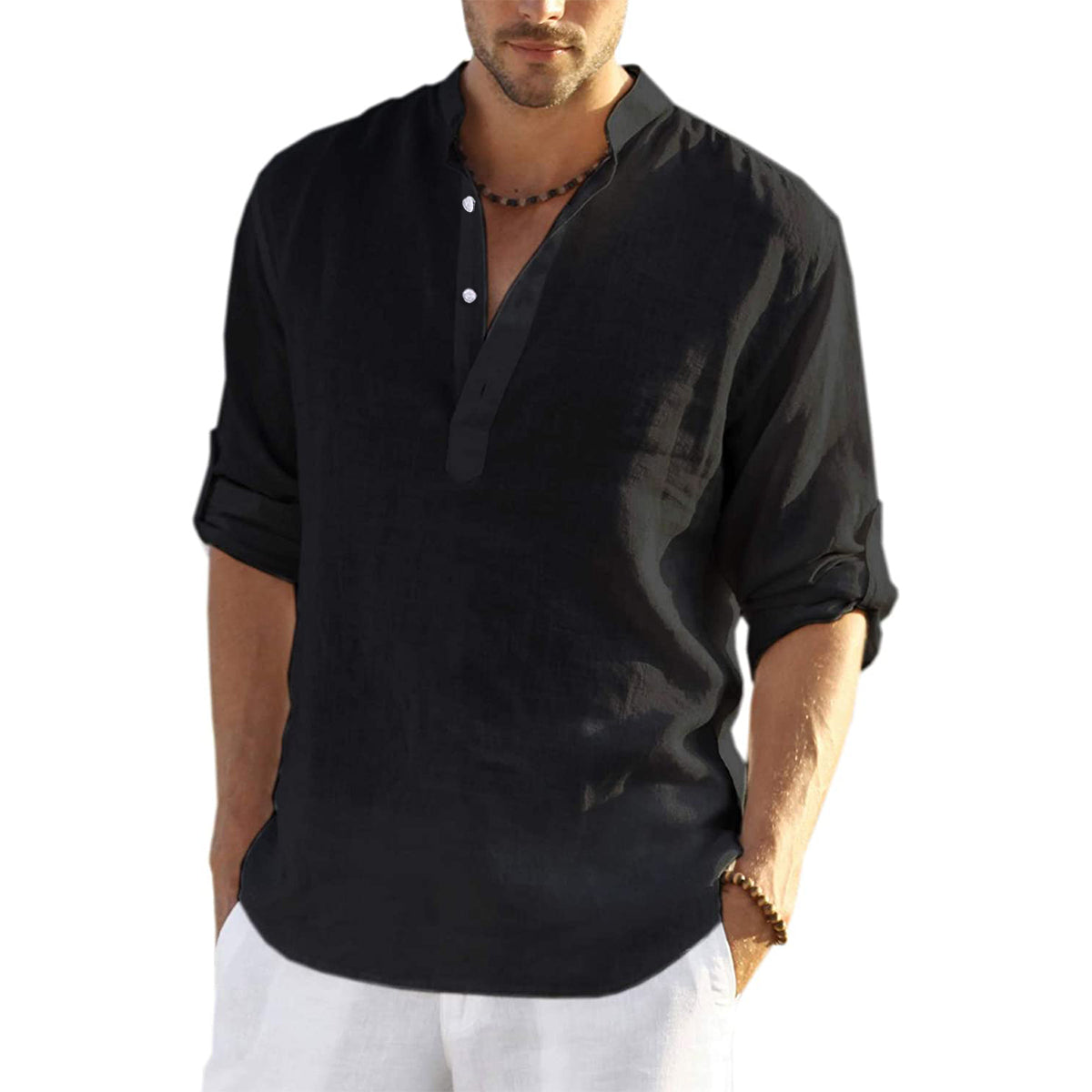 sanyamk trendy mens fashion mens summer outfits dope outfits mens street style mens spring fashion aesthetic outfits men's Casual Long Sleeve Linen Shirts Fashion Autumn Cotton Linen Collarless Shirts Handsome Men Shirt