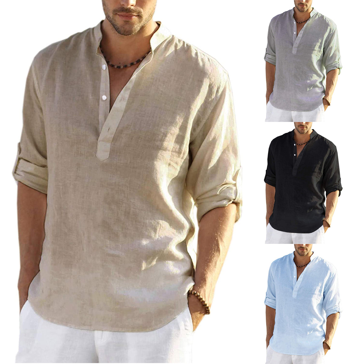 sanyamk trendy mens fashion mens summer outfits dope outfits mens street style mens spring fashion aesthetic outfits men's Casual Long Sleeve Linen Shirts Fashion Autumn Cotton Linen Collarless Shirts Handsome Men Shirt