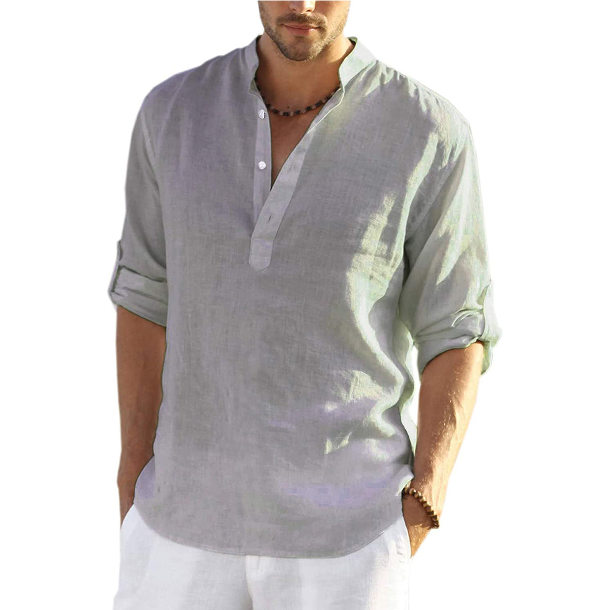 sanyamk trendy mens fashion mens summer outfits dope outfits mens street style mens spring fashion aesthetic outfits men's Casual Long Sleeve Linen Shirts Fashion Autumn Cotton Linen Collarless Shirts Handsome Men Shirt