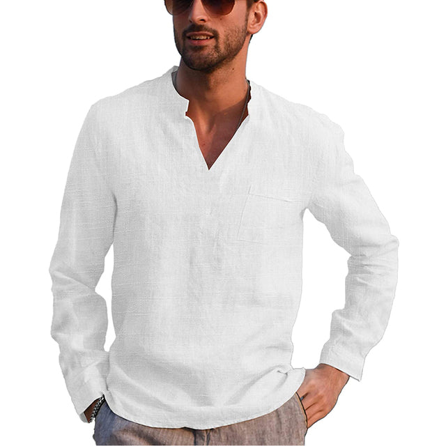sanyamk trendy mens fashion mens summer outfits dope outfits mens street style mens spring fashion aesthetic outfits men's Casual Long Sleeve Linen Shirts Fashion Autumn Cotton Linen Collarless Shirts Handsome Men Shirt