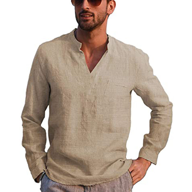 sanyamk trendy mens fashion mens summer outfits dope outfits mens street style mens spring fashion aesthetic outfits men's Casual Long Sleeve Linen Shirts Fashion Autumn Cotton Linen Collarless Shirts Handsome Men Shirt