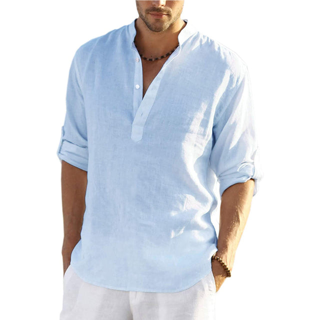 sanyamk trendy mens fashion mens summer outfits dope outfits mens street style mens spring fashion aesthetic outfits men's Casual Long Sleeve Linen Shirts Fashion Autumn Cotton Linen Collarless Shirts Handsome Men Shirt