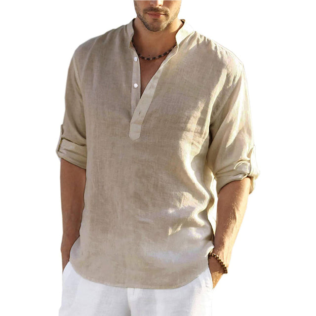 sanyamk trendy mens fashion mens summer outfits dope outfits mens street style mens spring fashion aesthetic outfits men's Casual Long Sleeve Linen Shirts Fashion Autumn Cotton Linen Collarless Shirts Handsome Men Shirt