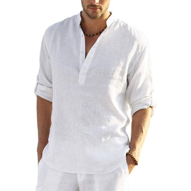 sanyamk trendy mens fashion mens summer outfits dope outfits mens street style mens spring fashion aesthetic outfits men's Casual Long Sleeve Linen Shirts Fashion Autumn Cotton Linen Collarless Shirts Handsome Men Shirt