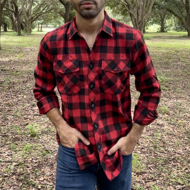 sanyamk Fall Men's Flannel Plaid Long-Sleeved Casual Button Shirt USA Regular Fit Size S To 2XL, Classic Checkered, Double Pocket Design