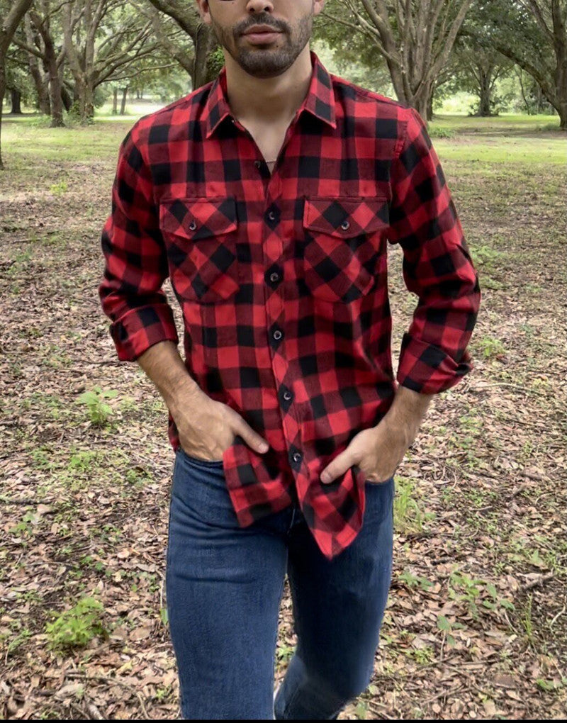 sanyamk Fall Men's Flannel Plaid Long-Sleeved Casual Button Shirt USA Regular Fit Size S To 2XL, Classic Checkered, Double Pocket Design