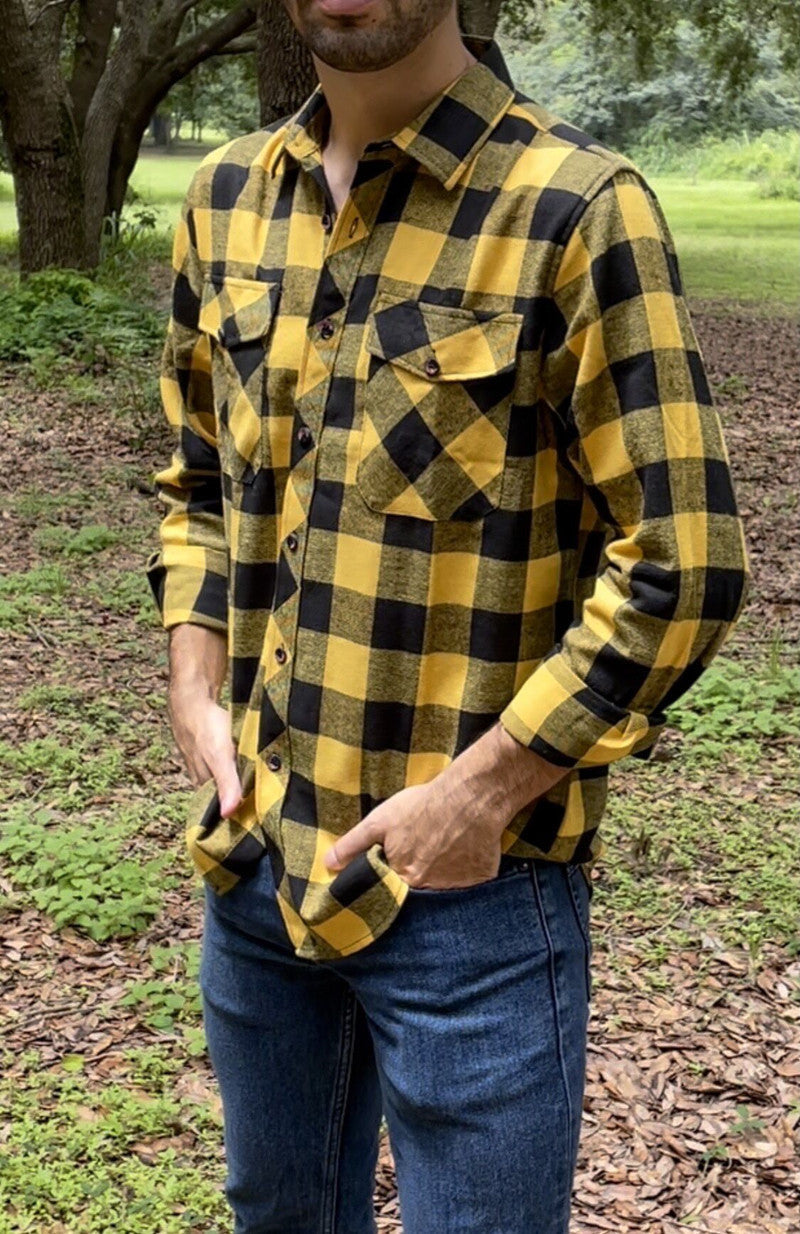 sanyamk Fall Men's Flannel Plaid Long-Sleeved Casual Button Shirt USA Regular Fit Size S To 2XL, Classic Checkered, Double Pocket Design