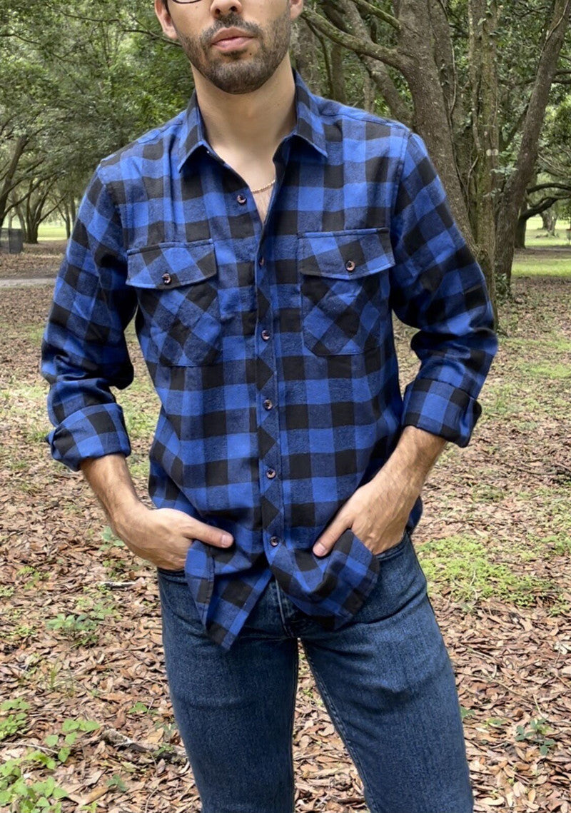 sanyamk Fall Men's Flannel Plaid Long-Sleeved Casual Button Shirt USA Regular Fit Size S To 2XL, Classic Checkered, Double Pocket Design