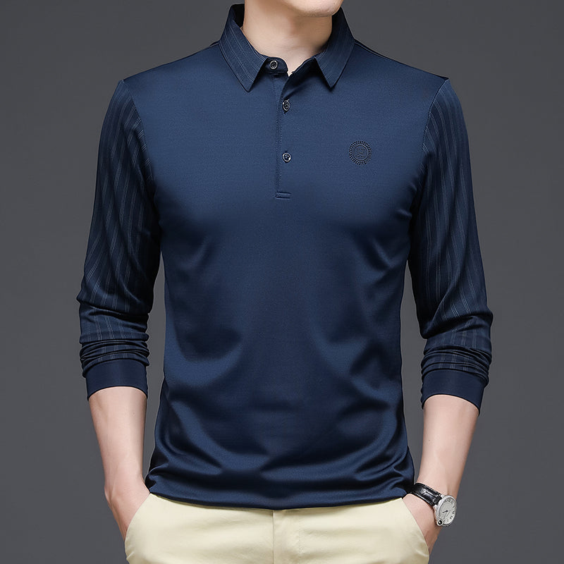 sanyamk Spring and Autumn T Shirt Men Turn-down Collar Solid Color Striped Long Sleeve Design Men's T-shirt Casual Slim Long Tops
