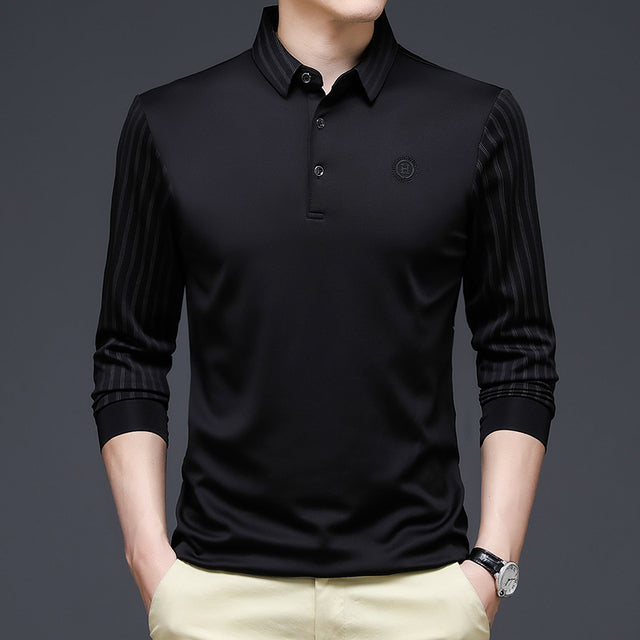sanyamk Spring and Autumn T Shirt Men Turn-down Collar Solid Color Striped Long Sleeve Design Men's T-shirt Casual Slim Long Tops