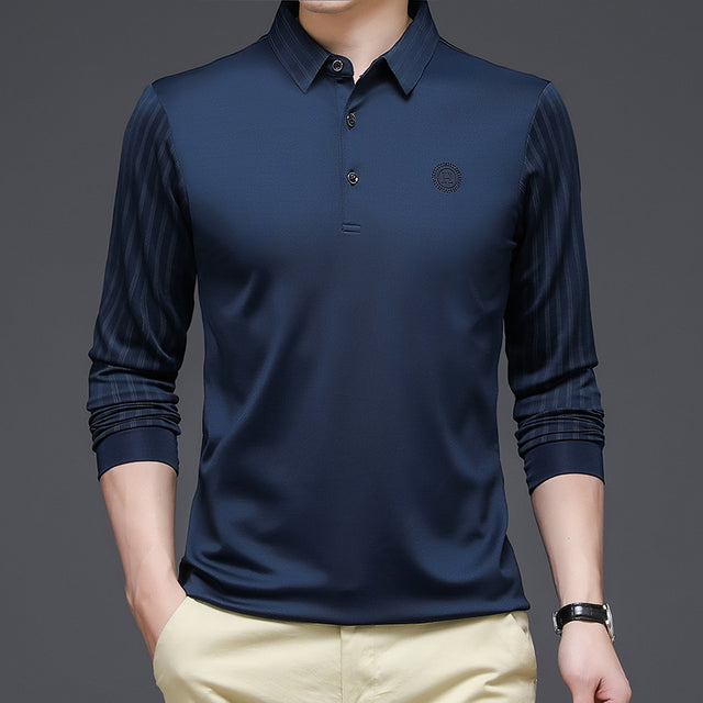sanyamk Spring and Autumn T Shirt Men Turn-down Collar Solid Color Striped Long Sleeve Design Men's T-shirt Casual Slim Long Tops