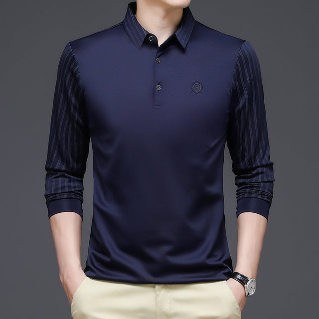 sanyamk Spring and Autumn T Shirt Men Turn-down Collar Solid Color Striped Long Sleeve Design Men's T-shirt Casual Slim Long Tops