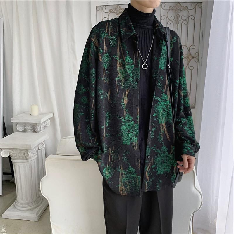 sanyamk shirt men spring autumn retro Retro temperament rose printed long-sleeve shirts Korean fashion loose male casual oversized coat