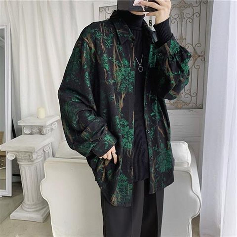 sanyamk shirt men spring autumn retro Retro temperament rose printed long-sleeve shirts Korean fashion loose male casual oversized coat