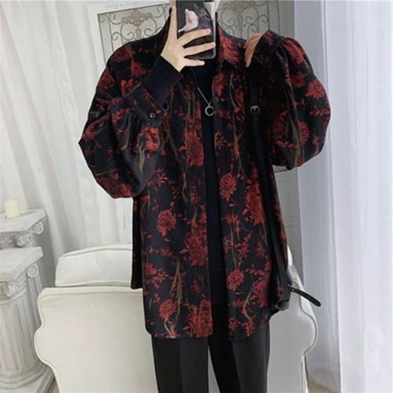 sanyamk shirt men spring autumn retro Retro temperament rose printed long-sleeve shirts Korean fashion loose male casual oversized coat