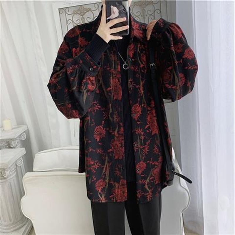 sanyamk shirt men spring autumn retro Retro temperament rose printed long-sleeve shirts Korean fashion loose male casual oversized coat