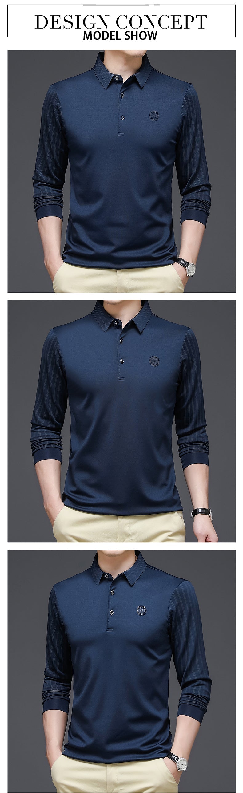 sanyamk Spring and Autumn T Shirt Men Turn-down Collar Solid Color Striped Long Sleeve Design Men's T-shirt Casual Slim Long Tops