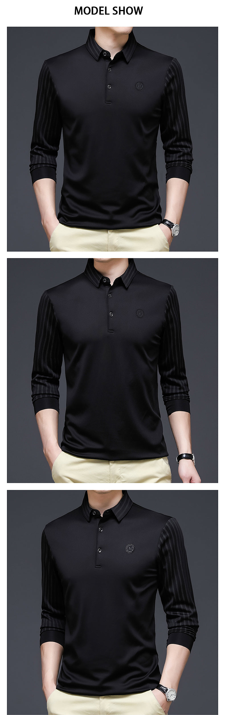 sanyamk Spring and Autumn T Shirt Men Turn-down Collar Solid Color Striped Long Sleeve Design Men's T-shirt Casual Slim Long Tops