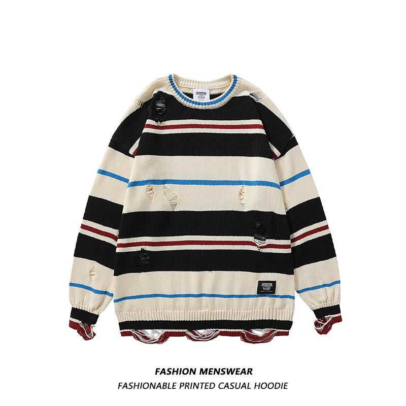 Bonsir Ruffian handsome striped tattered knitwear men's Korean version trend loose small crowd high street hip-hop couple round neck