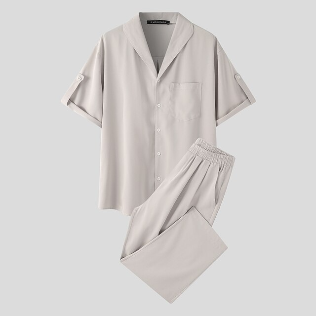 sanyamk 2Pcs/Set Summer Men Suit Elastic Wastband Pleated Casual Outfit Men Business Short Sleeve Shirts Long Pants Set Male Clothing