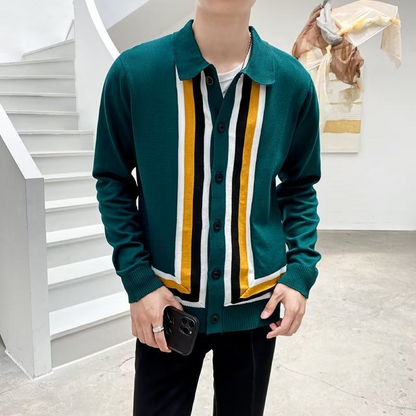 Bonsir Vintage Striped Jacquard Sweater Cardigans Men  Autumn Fashion Button-down Turn-down Collar Knit Shirts Casual Slim Sweaters