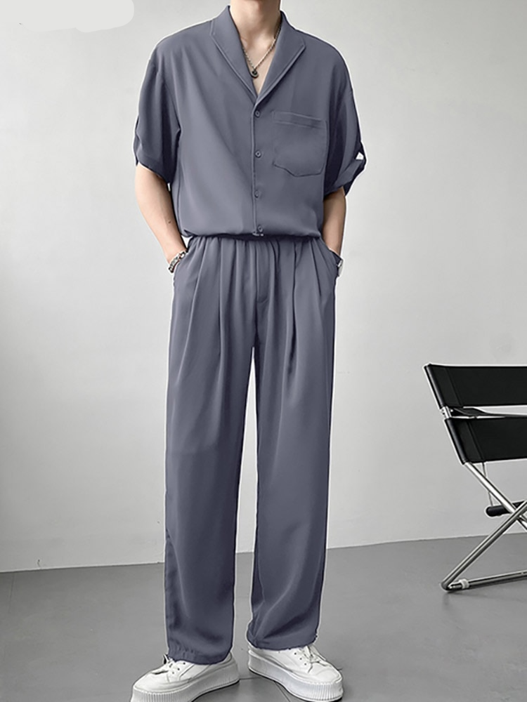 sanyamk 2Pcs/Set Summer Men Suit Elastic Wastband Pleated Casual Outfit Men Business Short Sleeve Shirts Long Pants Set Male Clothing