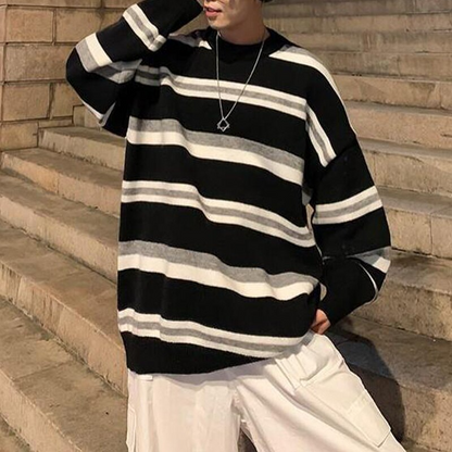 sanyamk Spring Autumn Loose Bear Embroidery Sweater Couple Knitwear Striped Sweater Men Streetwear Hip Hop Harajuku Casual Pullover