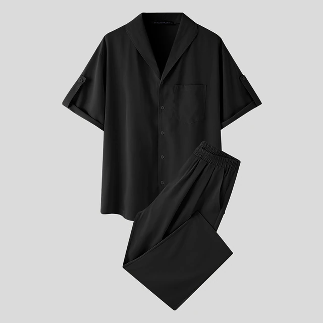 sanyamk 2Pcs/Set Summer Men Suit Elastic Wastband Pleated Casual Outfit Men Business Short Sleeve Shirts Long Pants Set Male Clothing