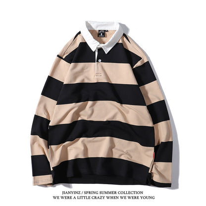 sanyamk rugby shirt outfit Japanese Style Large Striped Long-Sleeved T-shirt Polo Shirt Retro Loose Men's and Women's Couple's Bottoming Shirt Ins Preppy Style Top